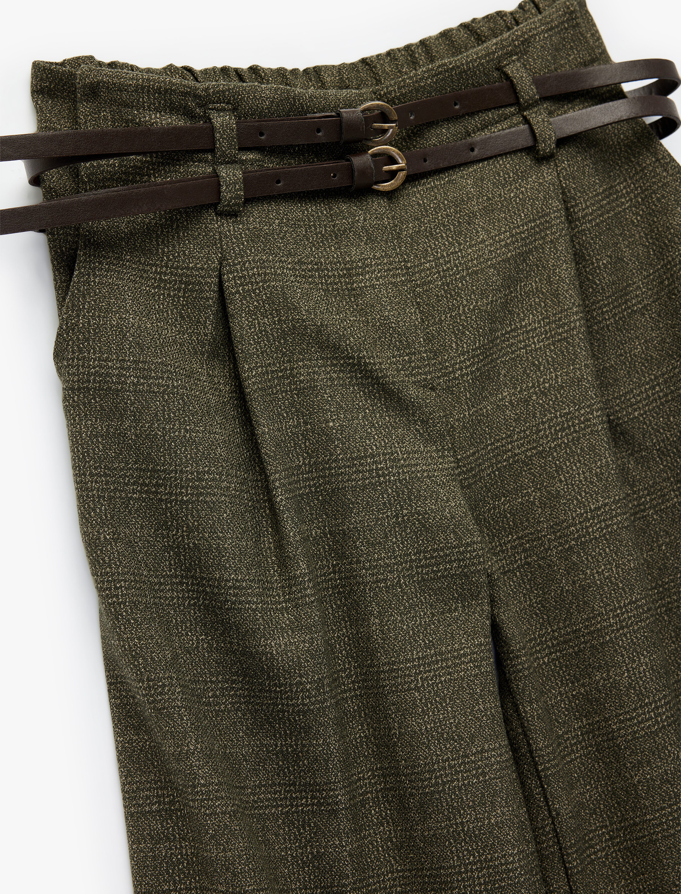  Kız Çocuk Viskon Karışımlı Kemer Detaylı Ekoseli Geniş Paça Pantolon