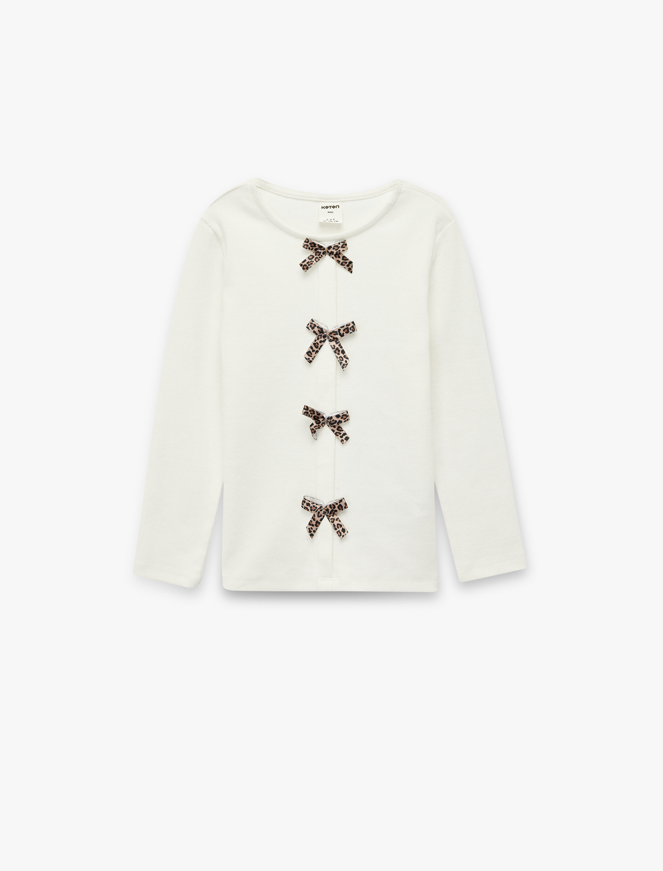  Kız Bebek Uzun Kollu Fiyonk Detaylı Bisiklet Yaka Pamuklu Tişört