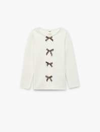 Uzun Kollu Fiyonk Detaylı Bisiklet Yaka Pamuklu Tişört