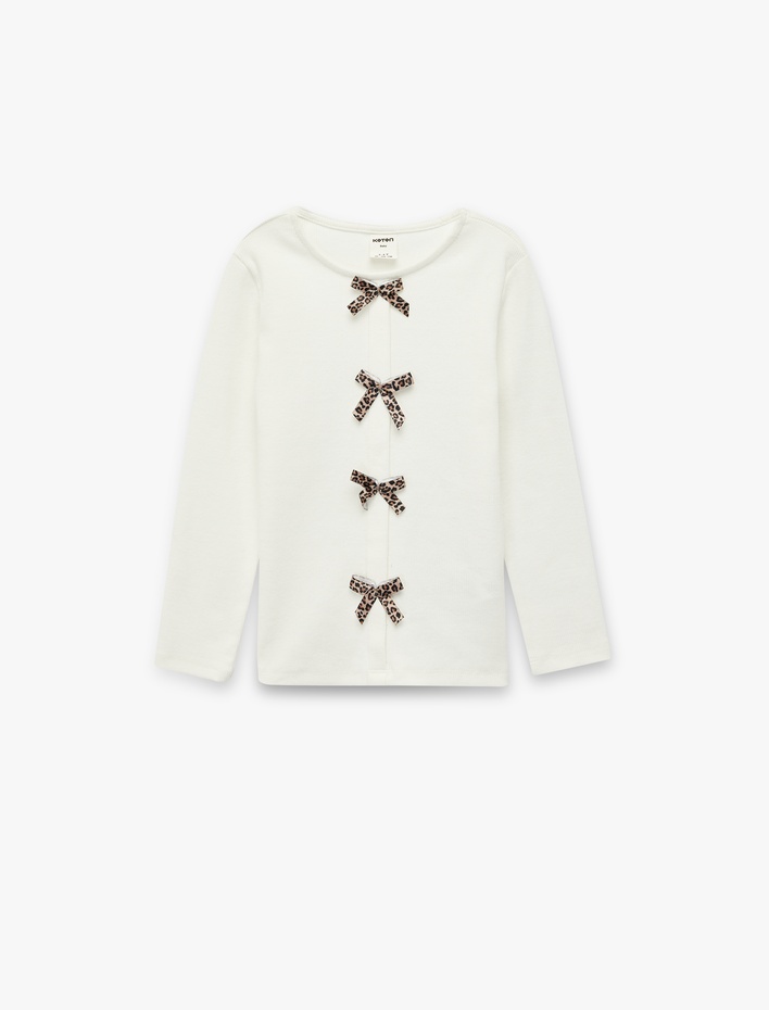 Kız Bebek Uzun Kollu Fiyonk Detaylı Bisiklet Yaka Pamuklu Tişört