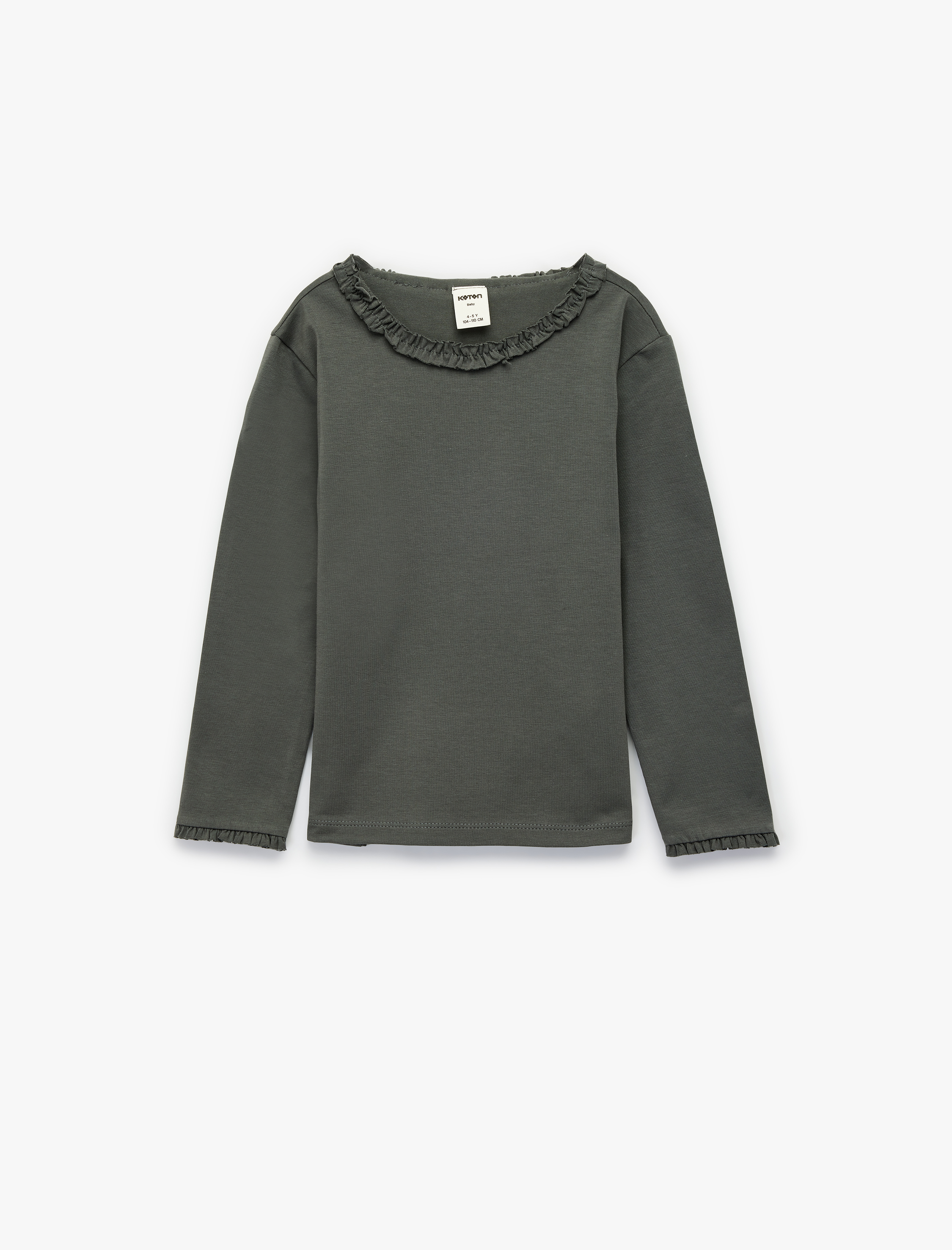  Kız Bebek Fırfırlı Uzun Kollu Bisiklet Yaka Pamuklu Basic Tişört