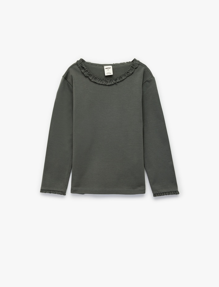 Kız Bebek Fırfırlı Uzun Kollu Bisiklet Yaka Pamuklu Basic Tişört