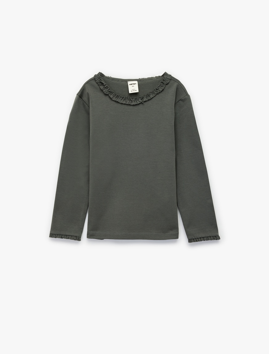 Koton Kız Bebek Fırfırlı Uzun Kollu Bisiklet Yaka Pamuklu Basic T-Shirt