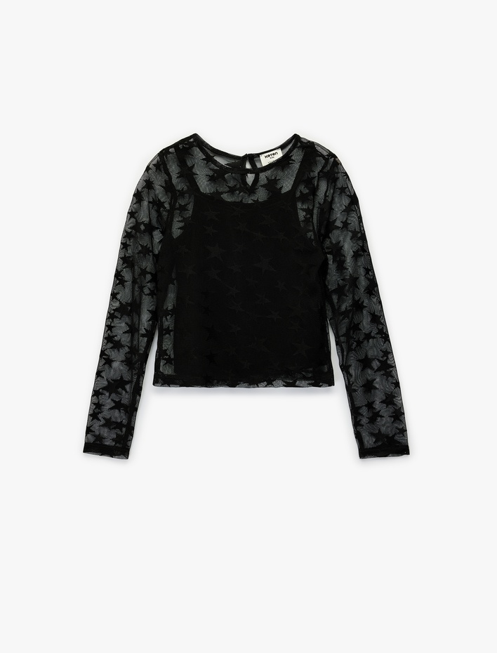 Kız Çocuk Yıldız Desenli Uzun Kollu Bisiklet Yaka Bluz