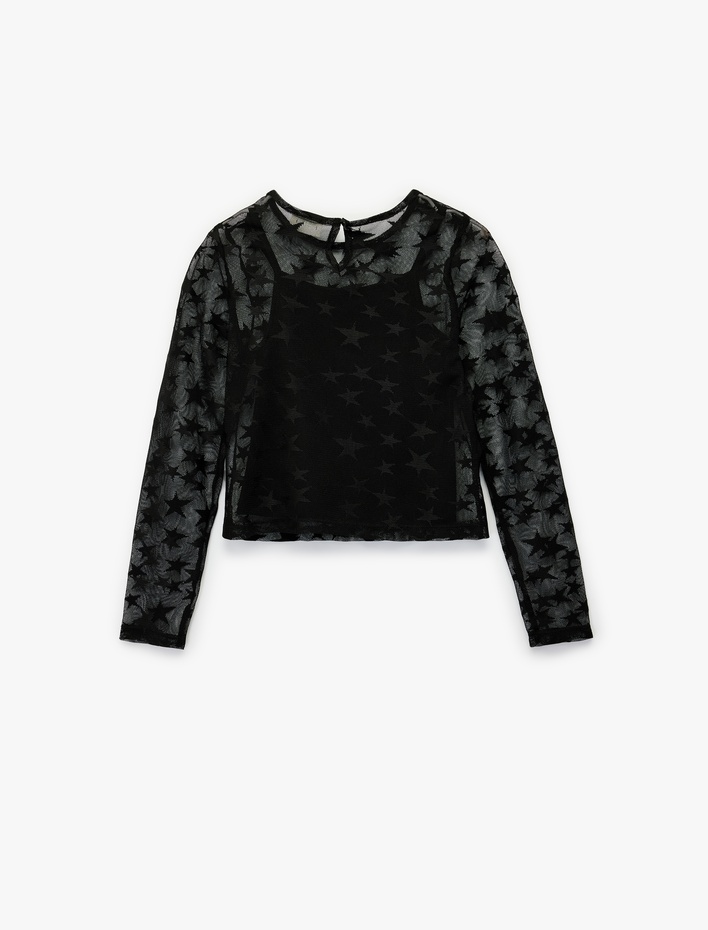Kız Çocuk Yıldız Desenli Uzun Kollu Bisiklet Yaka Bluz