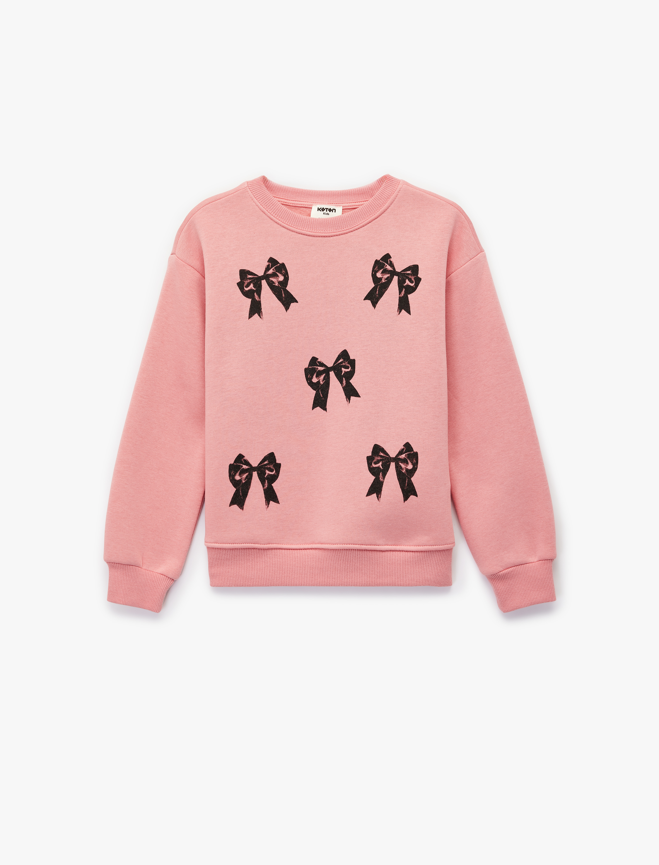  Kız Çocuk Uzun Kollu Bisiklet Yaka Şardonlu Fiyonk Baskılı Sweatshirt