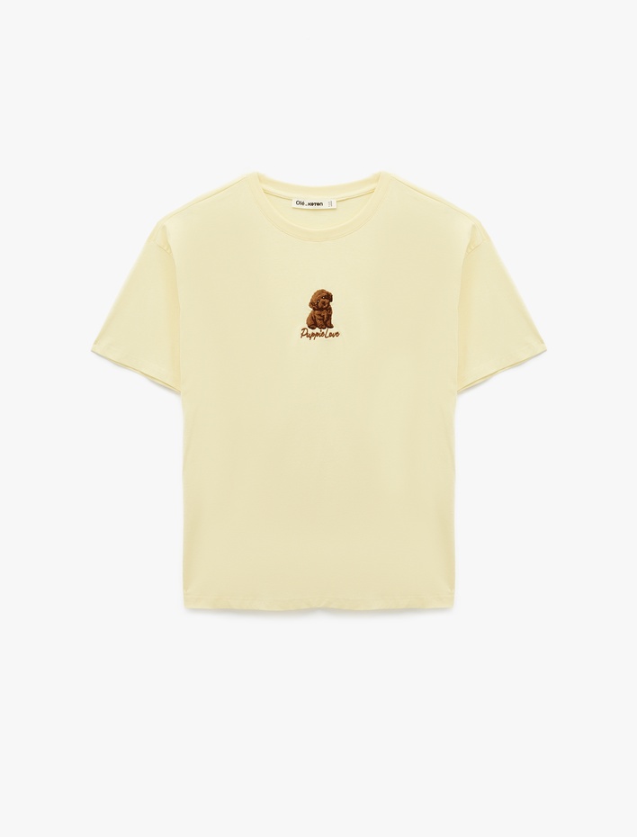  Kısa Kollu Köpek Nakış Detaylı Bisiklet Yaka Oversize Tişört