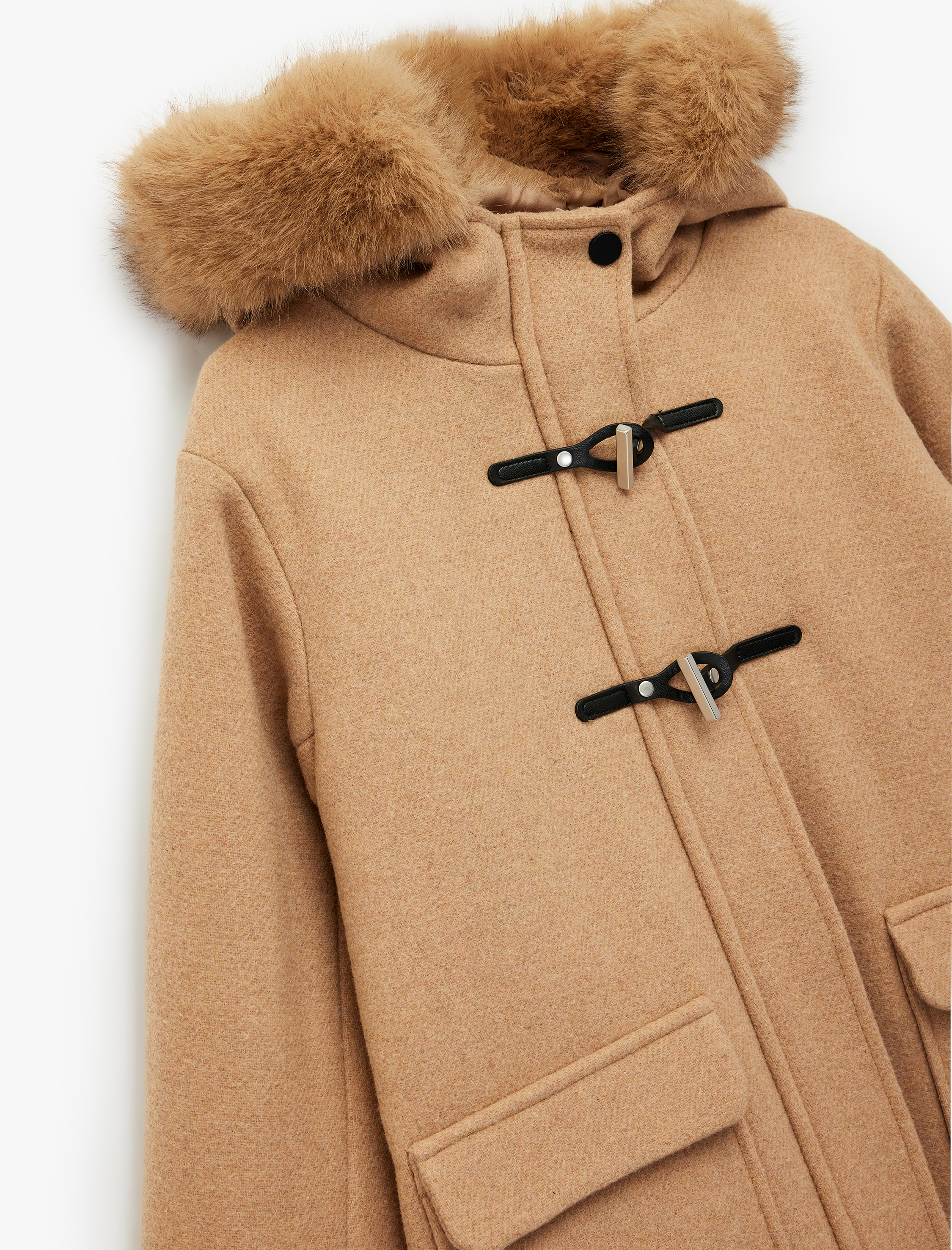  Kız Çocuk Uzun Kollu Suni Kürk Detaylı Kapaklı Cepli Kapşonlu Kaban