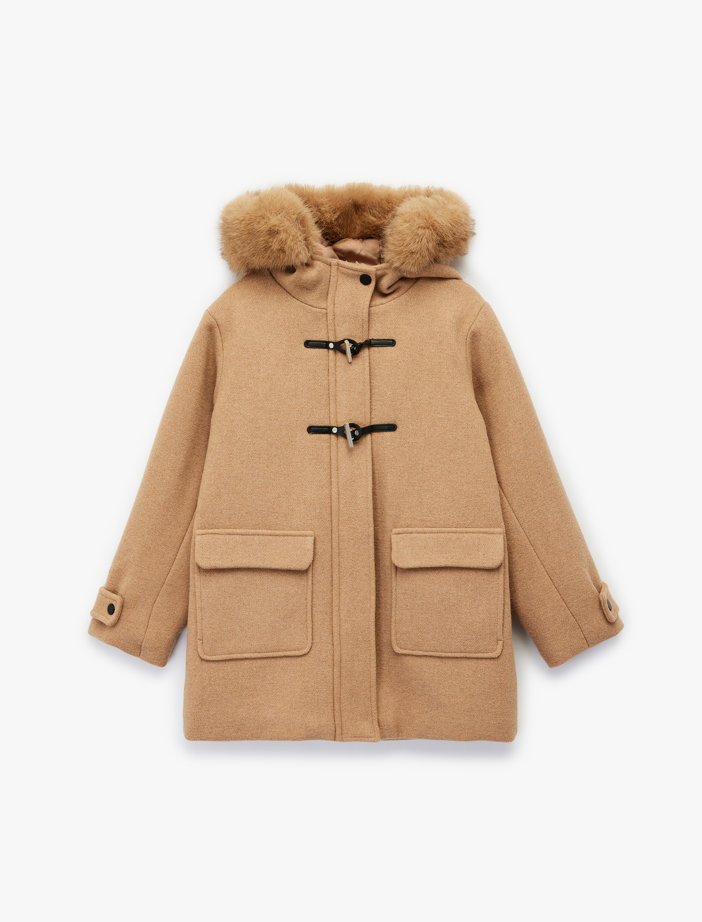  Kız Çocuk Uzun Kollu Suni Kürk Detaylı Kapaklı Cepli Kapşonlu Kaban