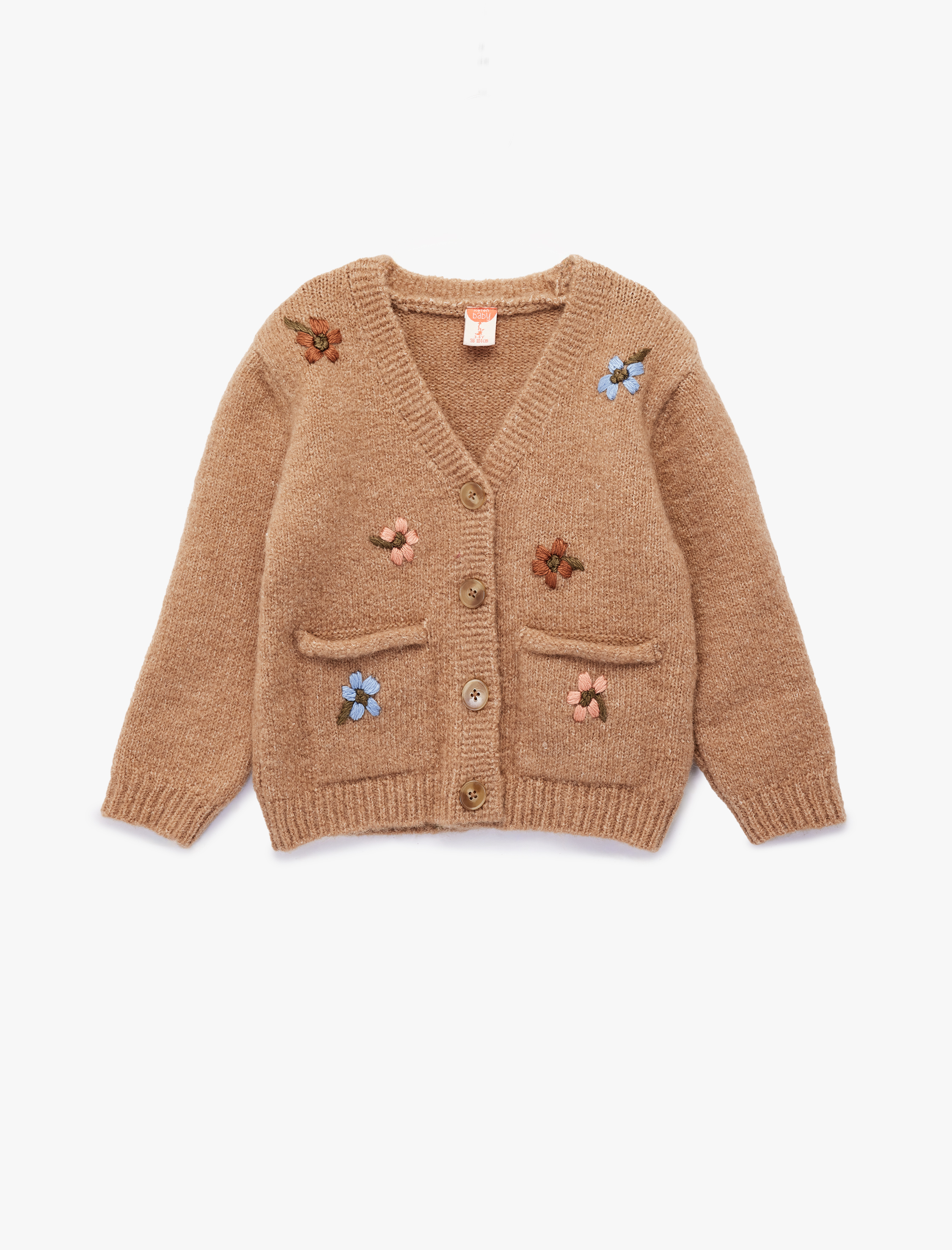  Kız Bebek Uzun Kollu Nakış Detaylı V Yaka Düğmeli Triko Hırka