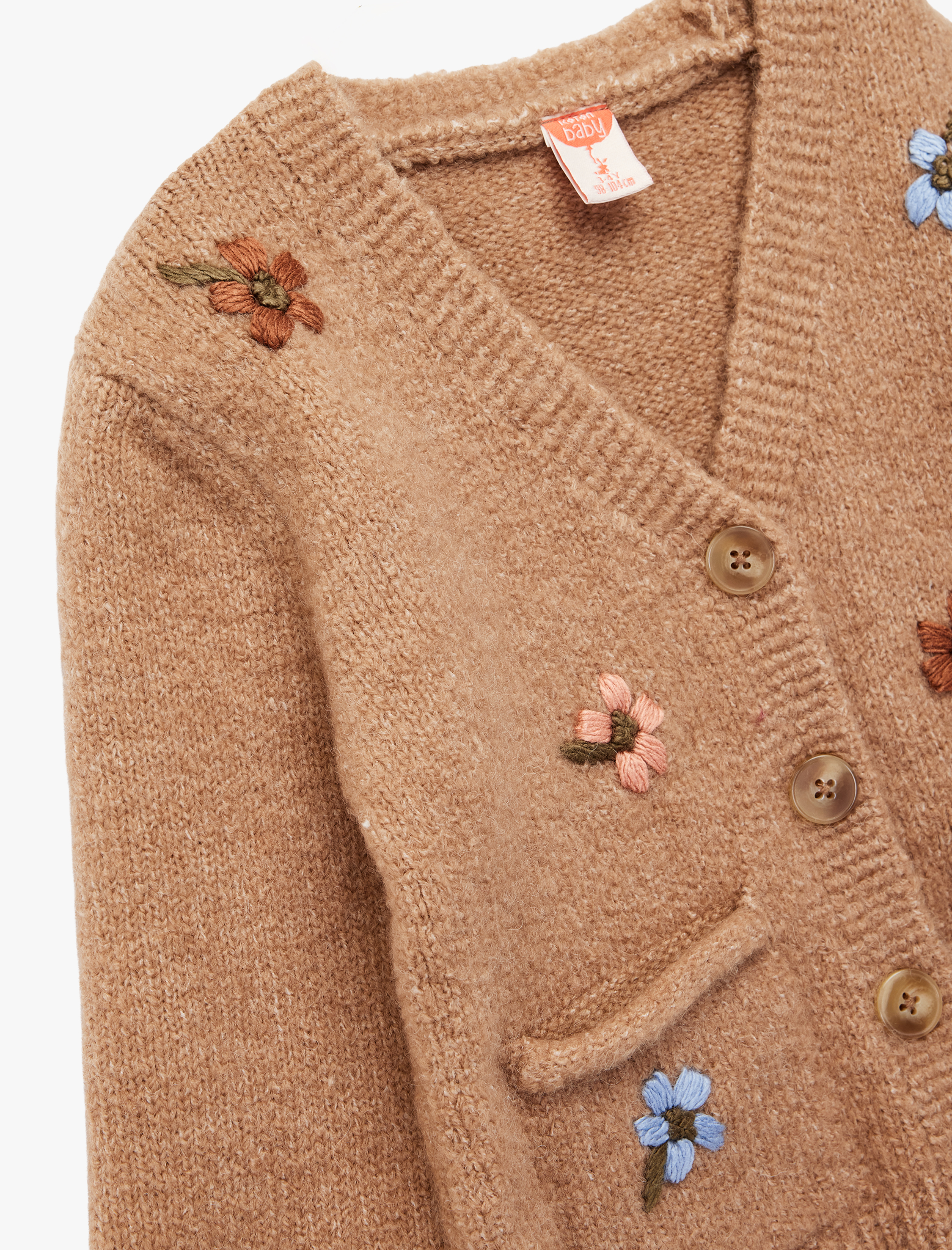  Kız Bebek Uzun Kollu Nakış Detaylı V Yaka Düğmeli Triko Hırka