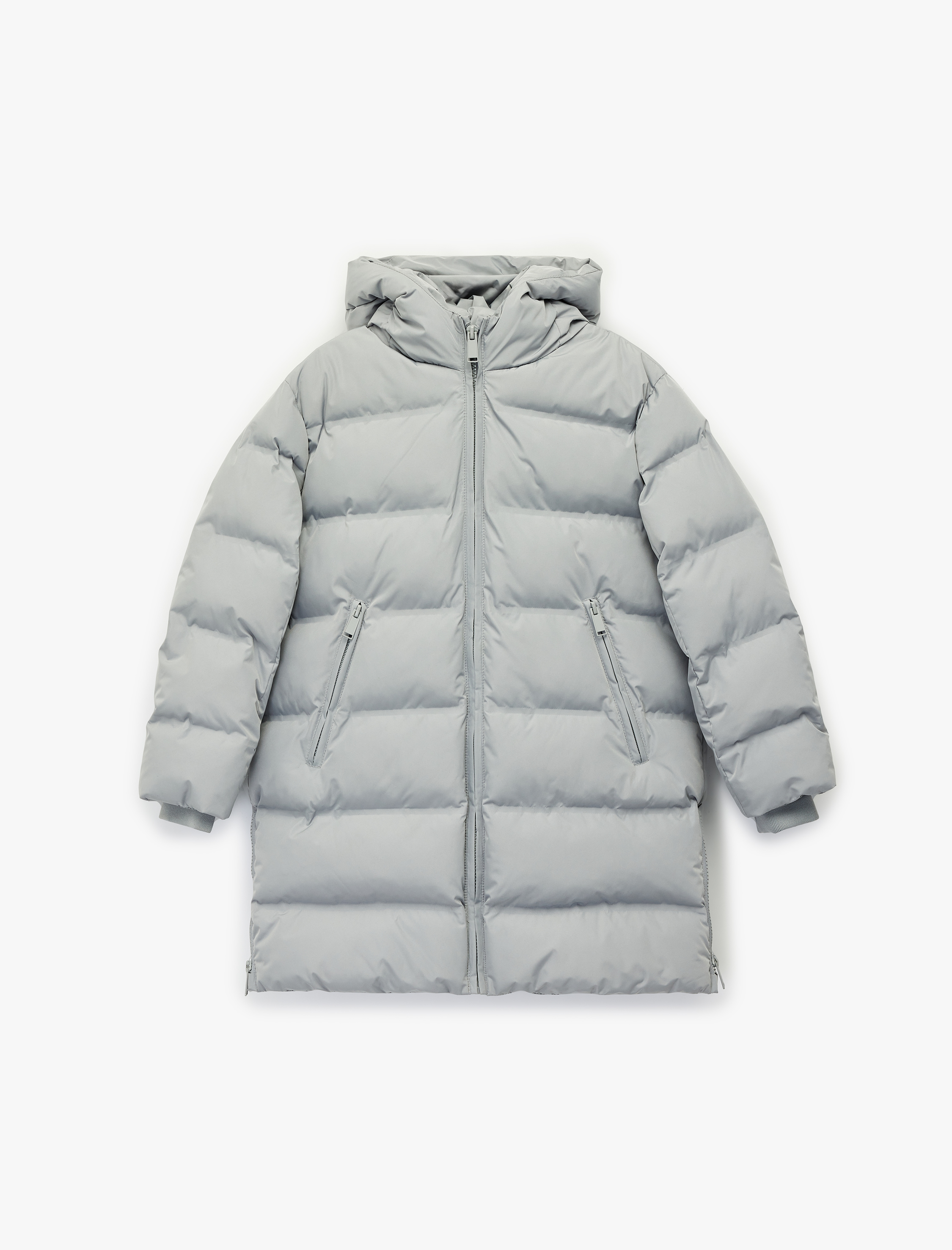  Kız Çocuk Uzun Kollu Fermuarlı Oversize Kapşonlu Uzun Şişme Mont