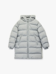 Uzun Kollu Fermuarlı Oversize Kapşonlu Uzun Şişme Mont