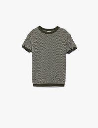 Bisiklet Yaka Balıksırtı Desenli Kısa Kollu Oversize Sweatshirt