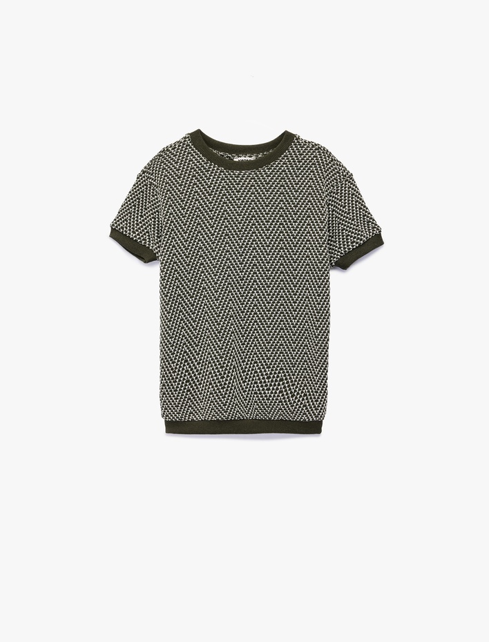 Erkek Çocuk Bisiklet Yaka Balıksırtı Desenli Kısa Kollu Oversize Sweatshirt