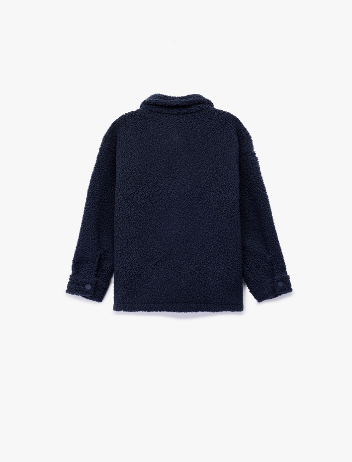 Erkek Çocuk Çıt Çıt Düğme Detaylı Kapaklı Cepli Uzun Kollu Peluş Ceket