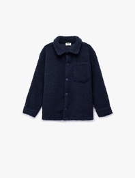 Çıt Çıt Düğme Detaylı Kapaklı Cepli Uzun Kollu Peluş Ceket