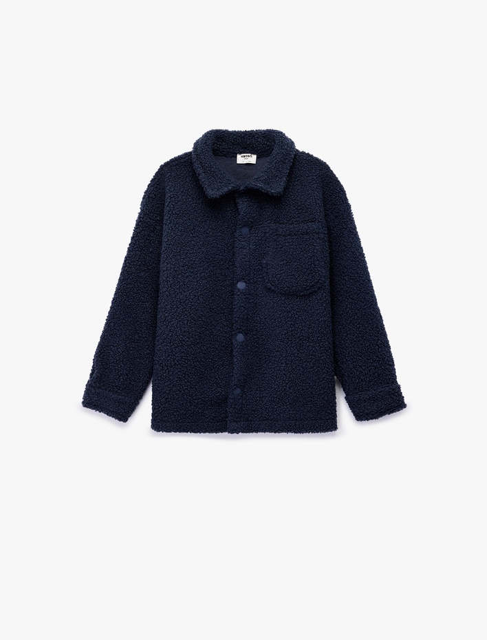 Erkek Çocuk Çıt Çıt Düğme Detaylı Kapaklı Cepli Uzun Kollu Peluş Ceket