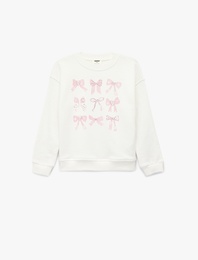 Uzun Kollu Bisiklet Yaka Fiyonk Baskılı Pamuklu Oversize Sweatshirt