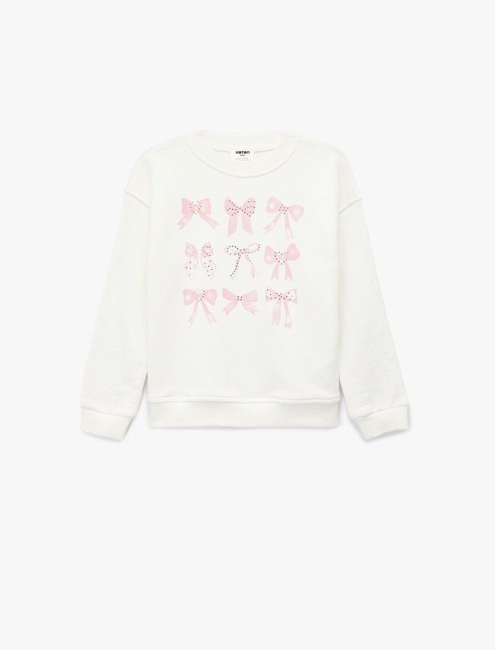 Kız Çocuk Uzun Kollu Bisiklet Yaka Fiyonk Baskılı Pamuklu Oversize Sweatshirt