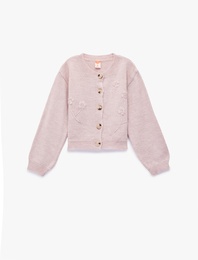 Uzun Kollu Bisiklet Yaka Çiçek Nakış Detaylı Triko Hırka