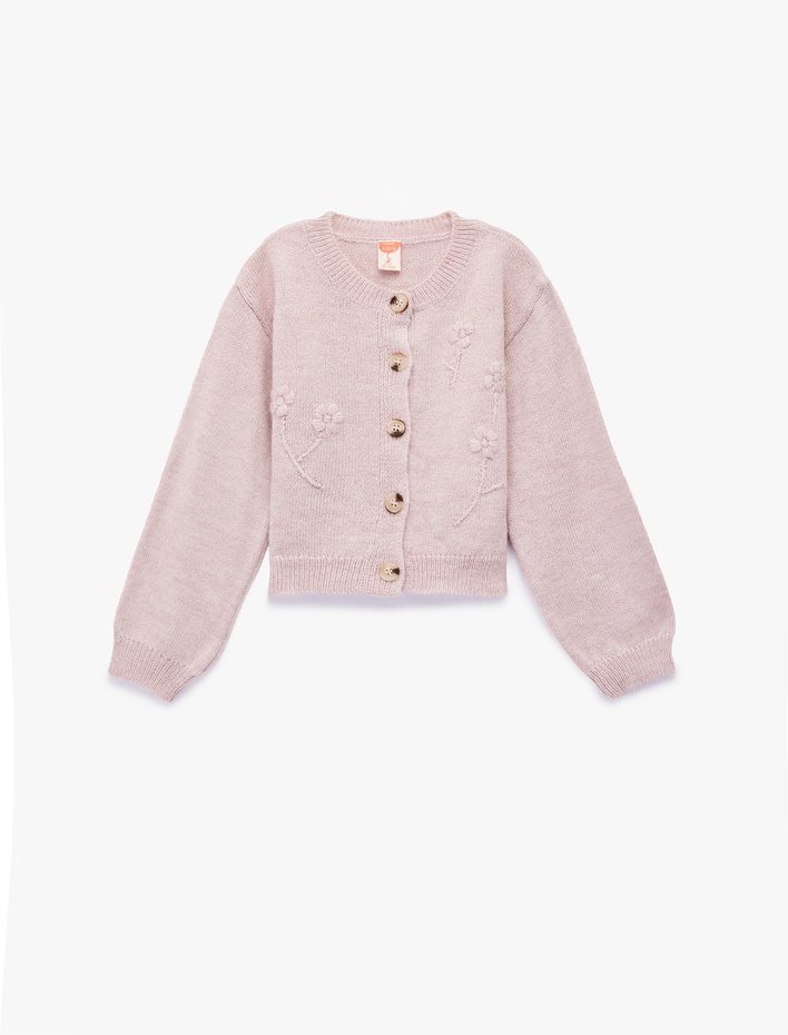 Kız Bebek Uzun Kollu Bisiklet Yaka Çiçek Nakış Detaylı Triko Hırka