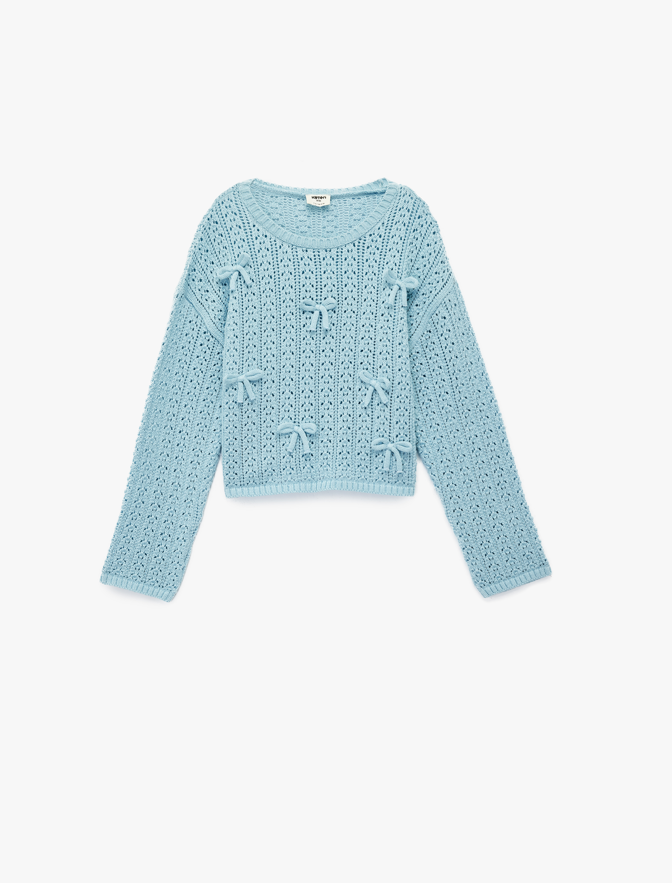  Kız Çocuk Uzun Kollu Bisiklet Yaka Fiyonk Detaylı Ajurlu Triko Kazak