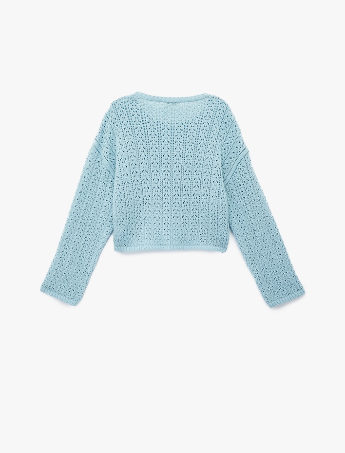 Kız Çocuk Uzun Kollu Bisiklet Yaka Fiyonk Detaylı Ajurlu Triko Kazak