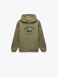 Uzun Kollu Pamuklu Baskılı Kanguru Cepli Kapşonlu Sweatshirt