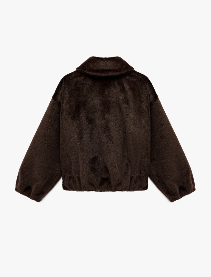  Klasik Yaka Fermuarlı Cepli Oversize Suni Kürk Bomber Ceket