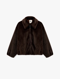 Klasik Yaka Fermuarlı Cepli Oversize Suni Kürk Bomber Ceket