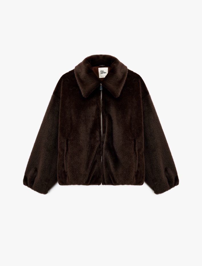 Klasik Yaka Fermuarlı Cepli Oversize Suni Kürk Bomber Ceket