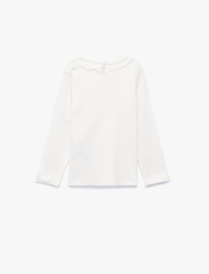 Kız Bebek Pamuklu Fırfır Detaylı Uzun Kollu Bisiklet Yaka Tişört