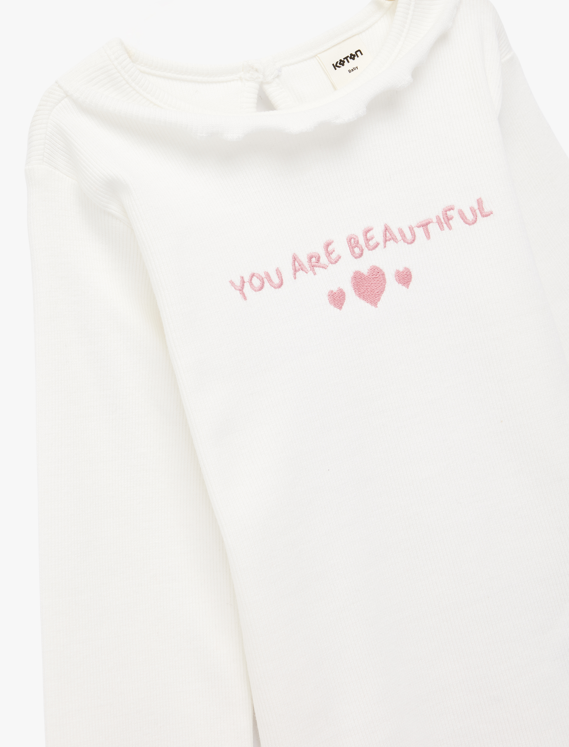  Kız Bebek Pamuklu Fırfır Detaylı Uzun Kollu Bisiklet Yaka Tişört