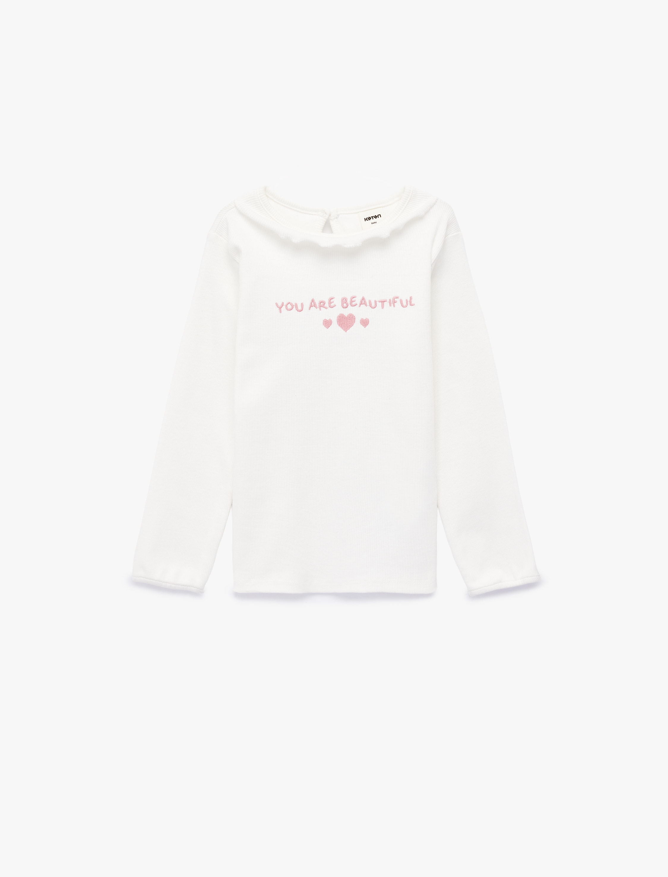  Kız Bebek Pamuklu Fırfır Detaylı Uzun Kollu Bisiklet Yaka Tişört