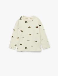 Baskılı Uzun Kollu Bisiklet Yaka Pamuklu Tişört