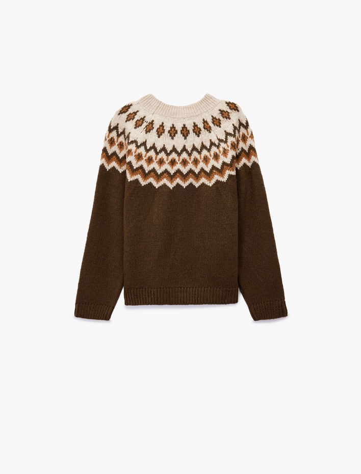 Kız Çocuk Uzun Kollu Bisiklet Yaka Desenli Triko Kazak