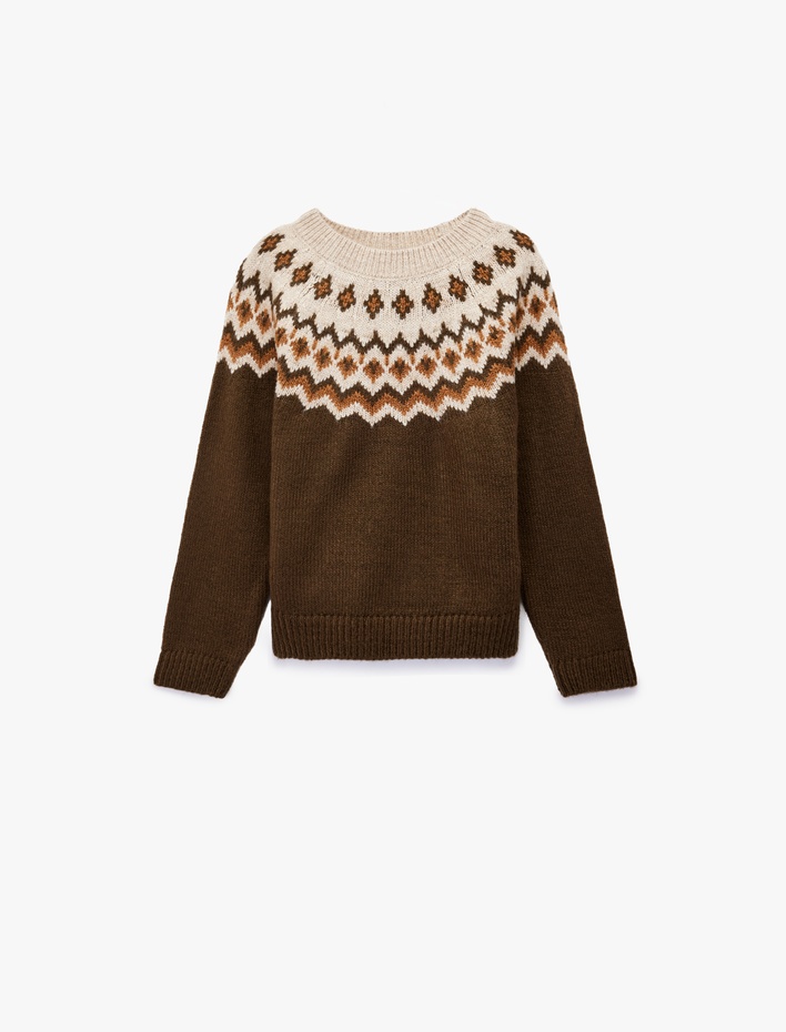 Kız Çocuk Uzun Kollu Bisiklet Yaka Desenli Triko Kazak