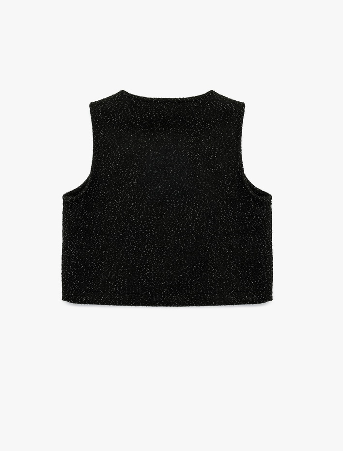 Kız Çocuk Sim Detaylı Kolsuz İnci Düğmeli V Yaka Bluz