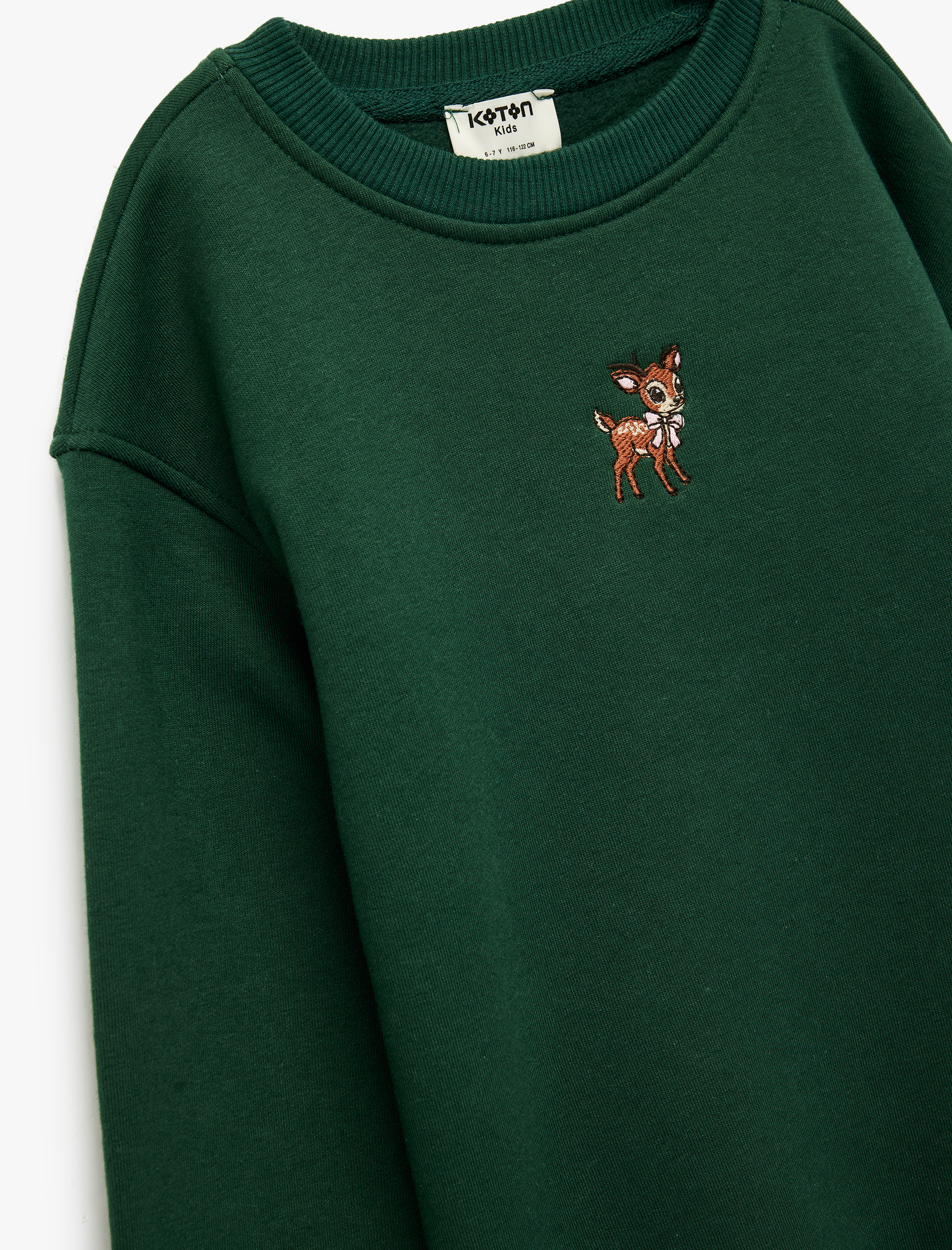  Kız Çocuk Geyik Nakış Detaylı Uzun Kollu Bisiklet Yaka Şardonlu Sweatshirt