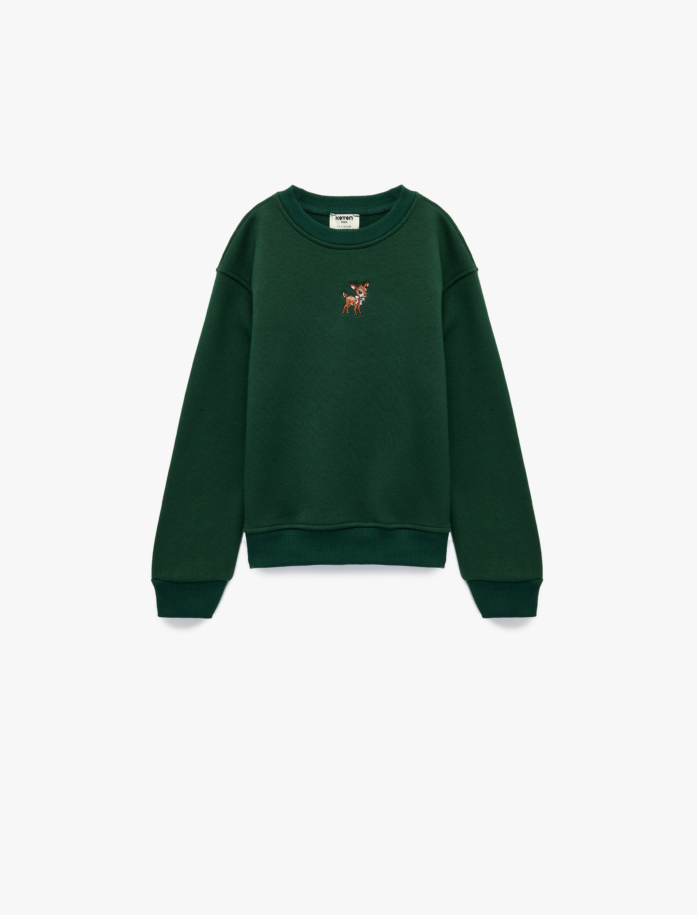  Kız Çocuk Geyik Nakış Detaylı Uzun Kollu Bisiklet Yaka Şardonlu Sweatshirt