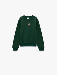 Geyik Nakış Detaylı Uzun Kollu Bisiklet Yaka Şardonlu Sweatshirt