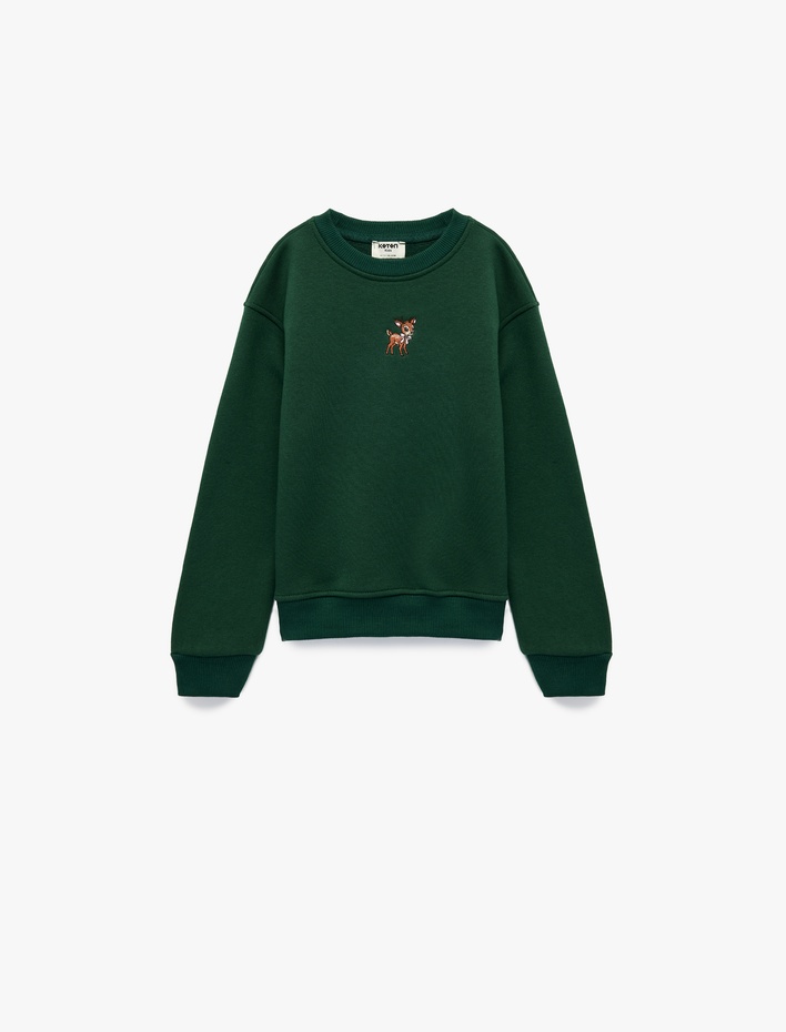 Kız Çocuk Geyik Nakış Detaylı Uzun Kollu Bisiklet Yaka Şardonlu Sweatshirt
