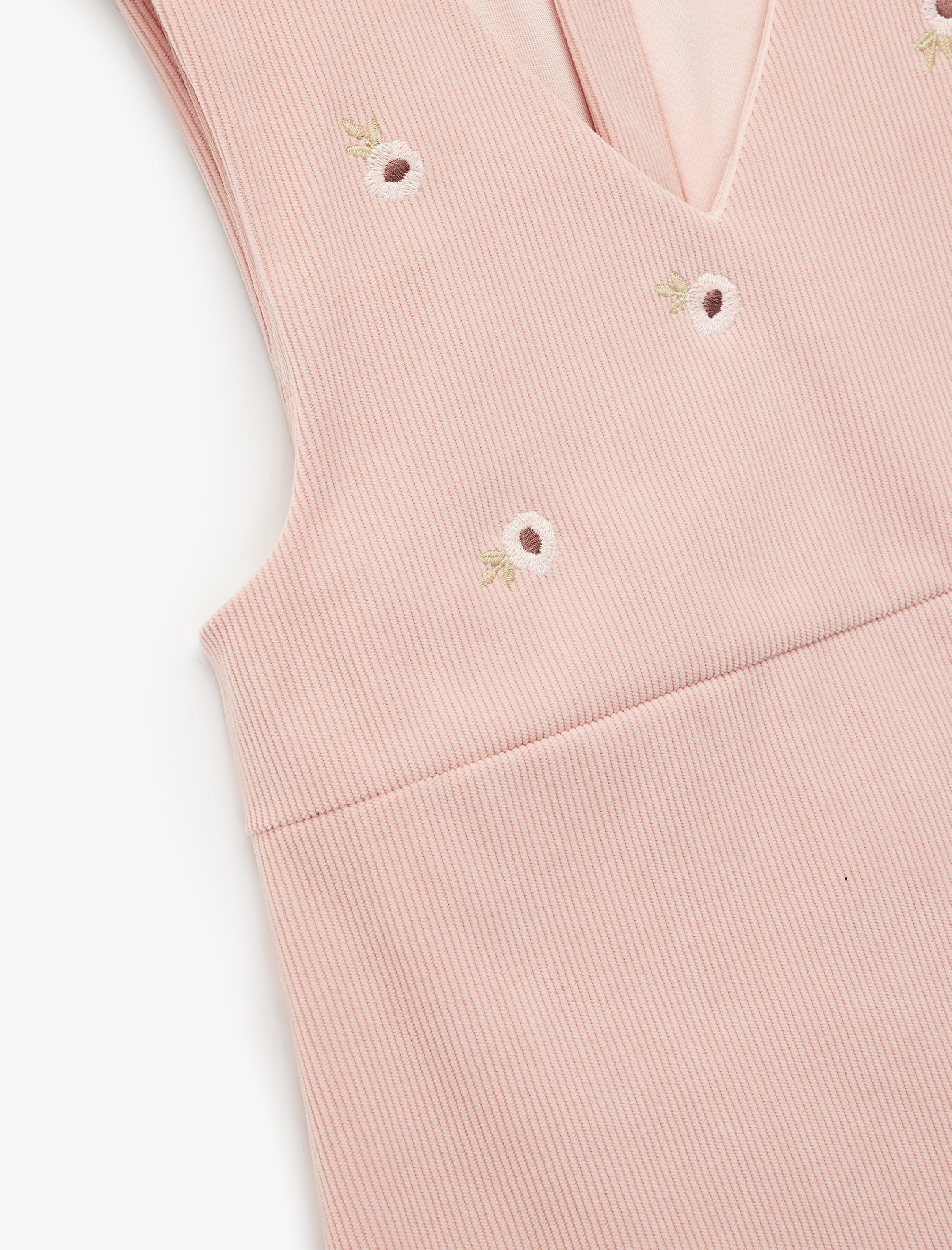  Kız Bebek Nakış Detaylı V Yaka Kolsuz Kadife Jile Elbise