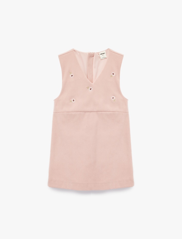 Kız Bebek Nakış Detaylı V Yaka Kolsuz Kadife Jile Elbise