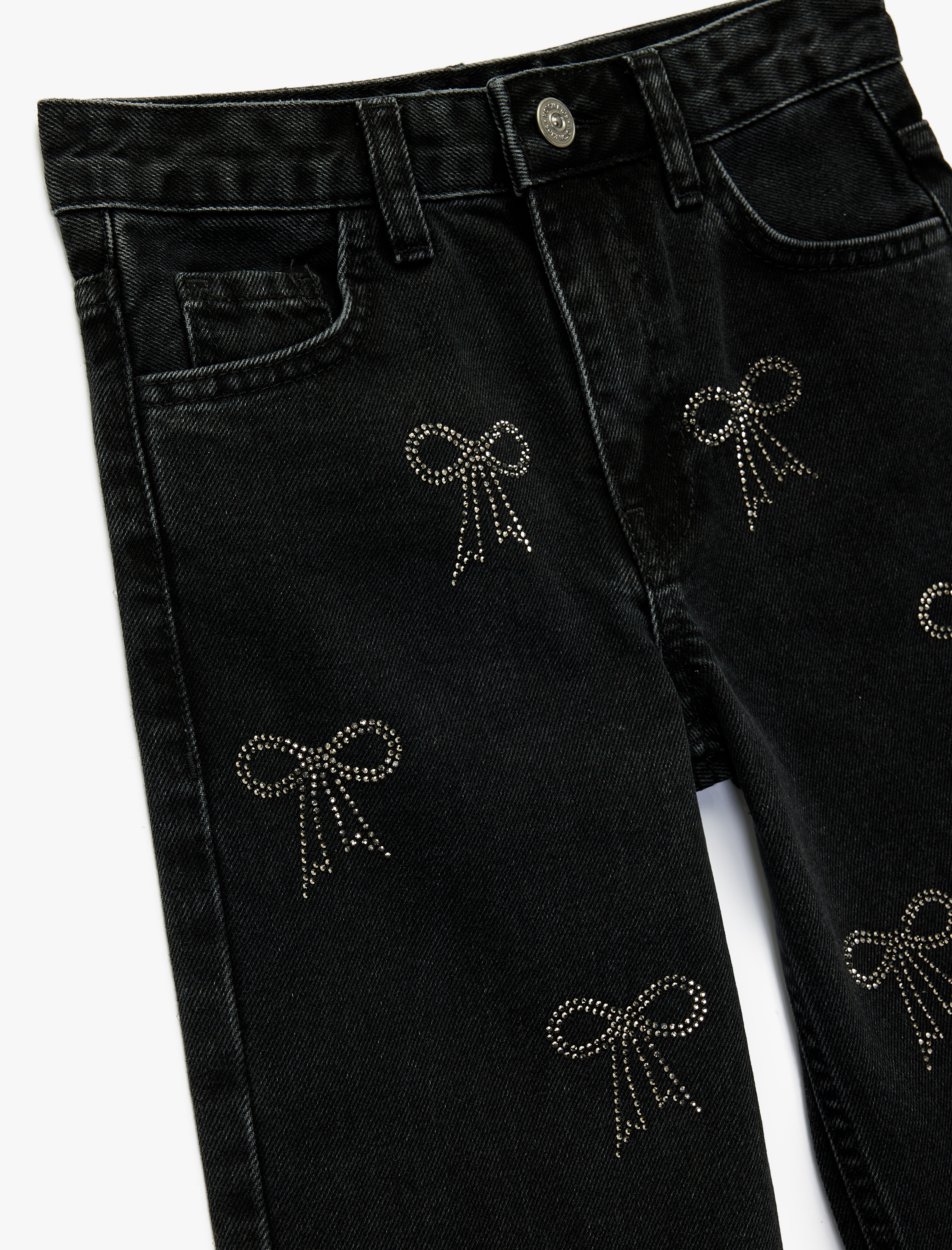  Kız Çocuk Pamuklu Fiyonk Detaylı Geniş Paça Denim Pantolon