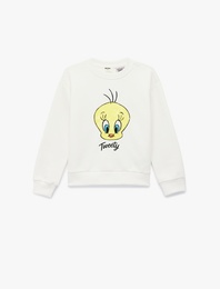 Lisanslı Tweety Baskılı Uzun Kollu Bisiklet Yaka Sweatshirt