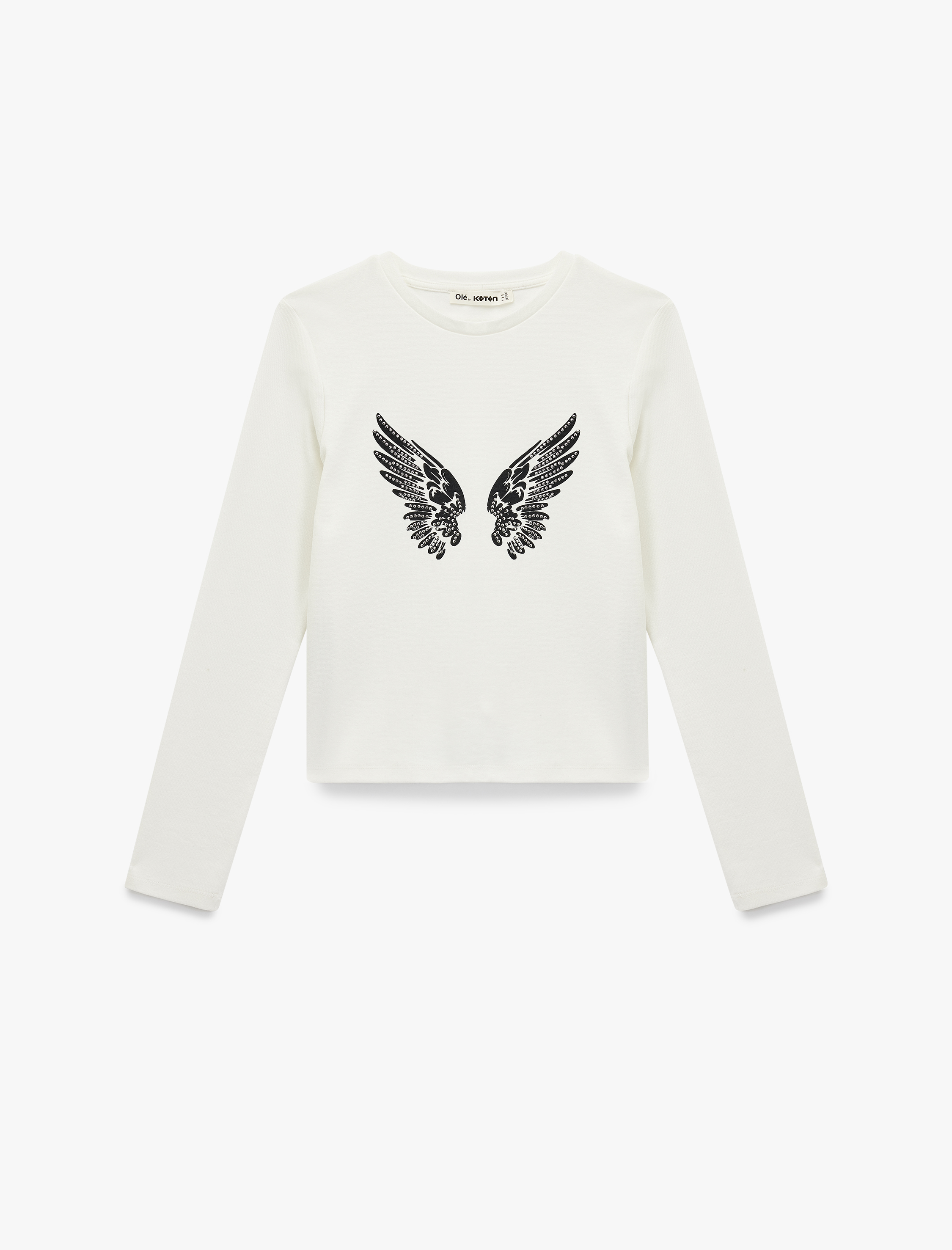   Pamuklu Taş Detaylı Slim Fit Kanat Baskılı Uzun Kollu Tişört