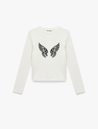 Pamuklu Taş Detaylı Slim Fit Kanat Baskılı Uzun Kollu Tişört