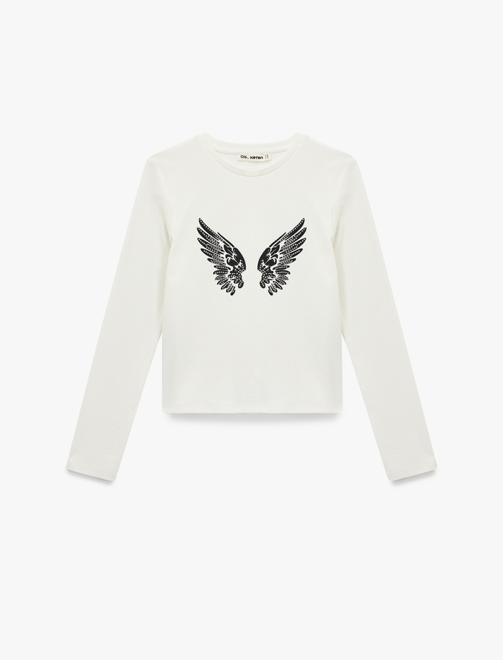  Pamuklu Taş Detaylı Slim Fit Kanat Baskılı Uzun Kollu Tişört